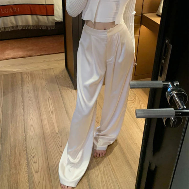 Satin Wide Leg  High Waist   Baggy Straight Trousers