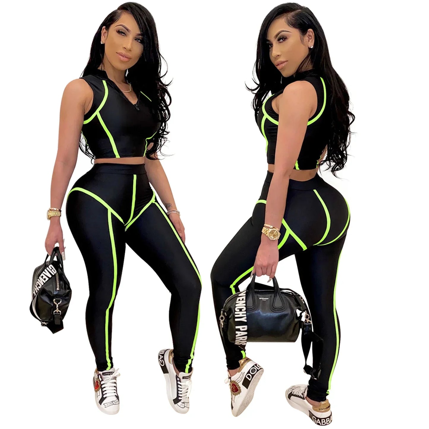 Women Sets Summer Tracksuits Slim Sleeveless Skinny Crop Tops + Pants Suit Two Piece Set