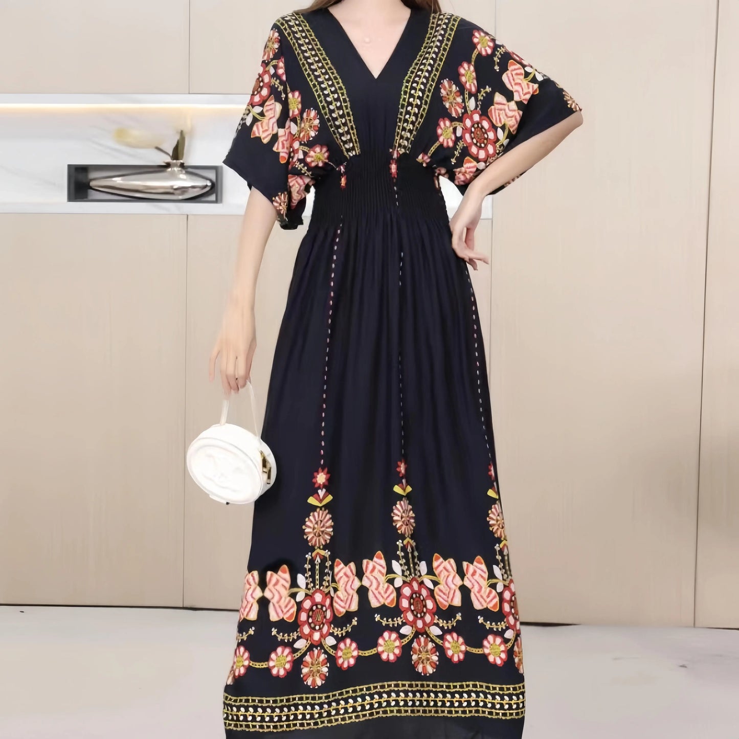 Colorful Flower V-neck Elastic Youthful Bohemian Sweet Midi Dress Woman Clothes Chic Fashion Summer Dresses