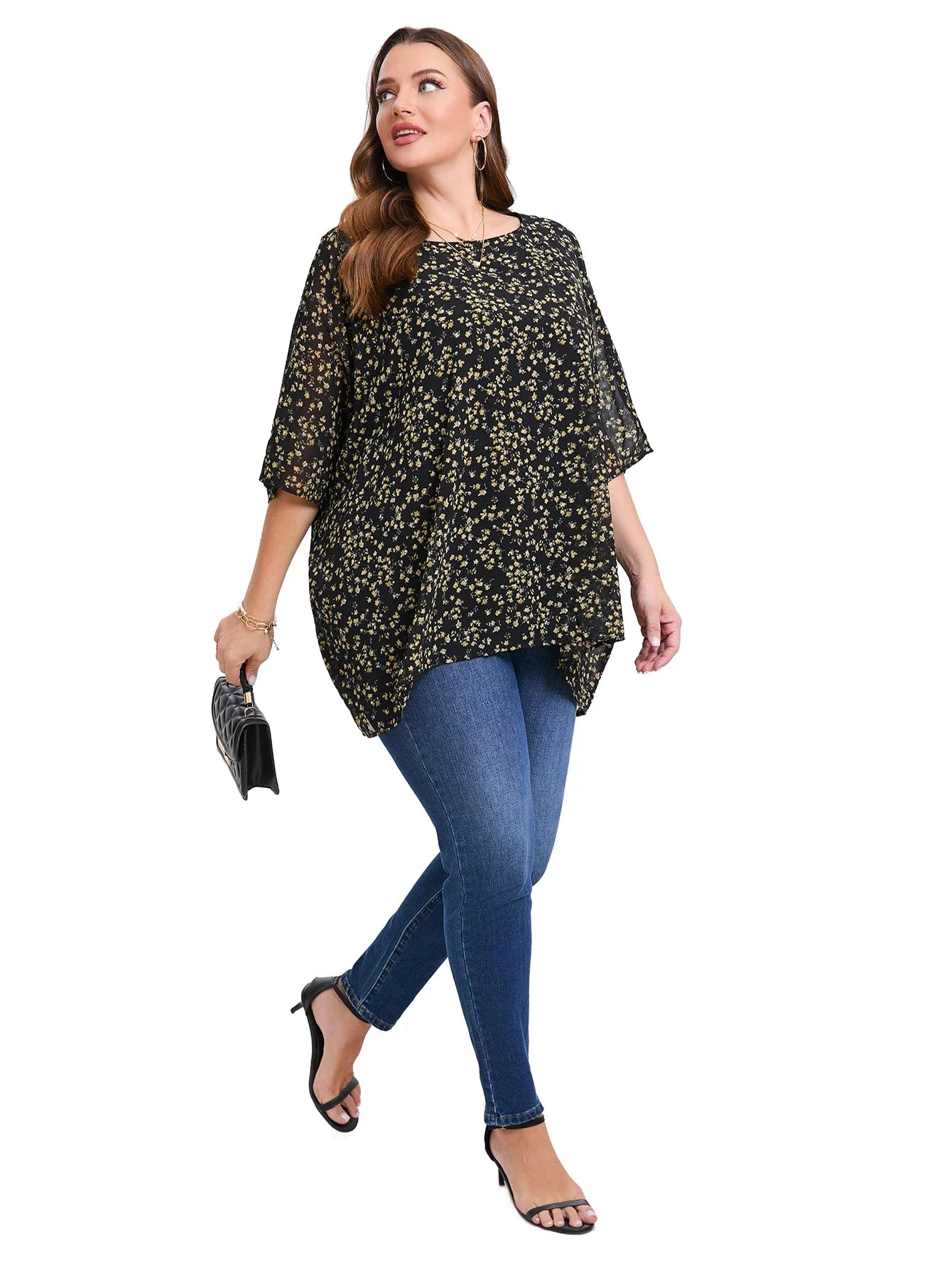 Summer Blouse Batwing Sleeve Oversized Chiffon  Scoop Neck  Casual