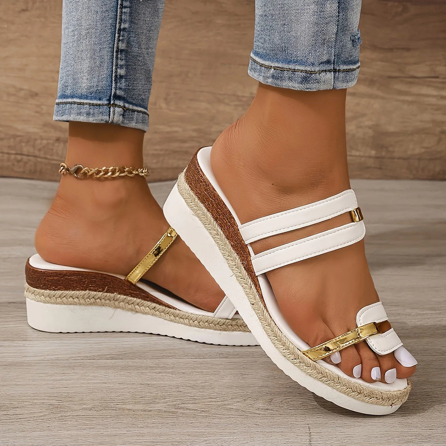Summer Casual Color Blocking Sandals For Women Dressy Comfortable Soft Leather  Thick Soled Slope Woven