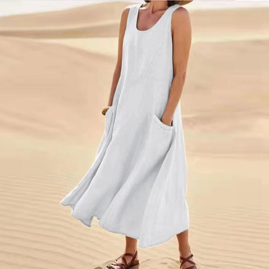 Cotton Linen Sleeveless Dress for Women Summer Pullover Fashion Female Clothing Short Sleeved Loose Long Dress