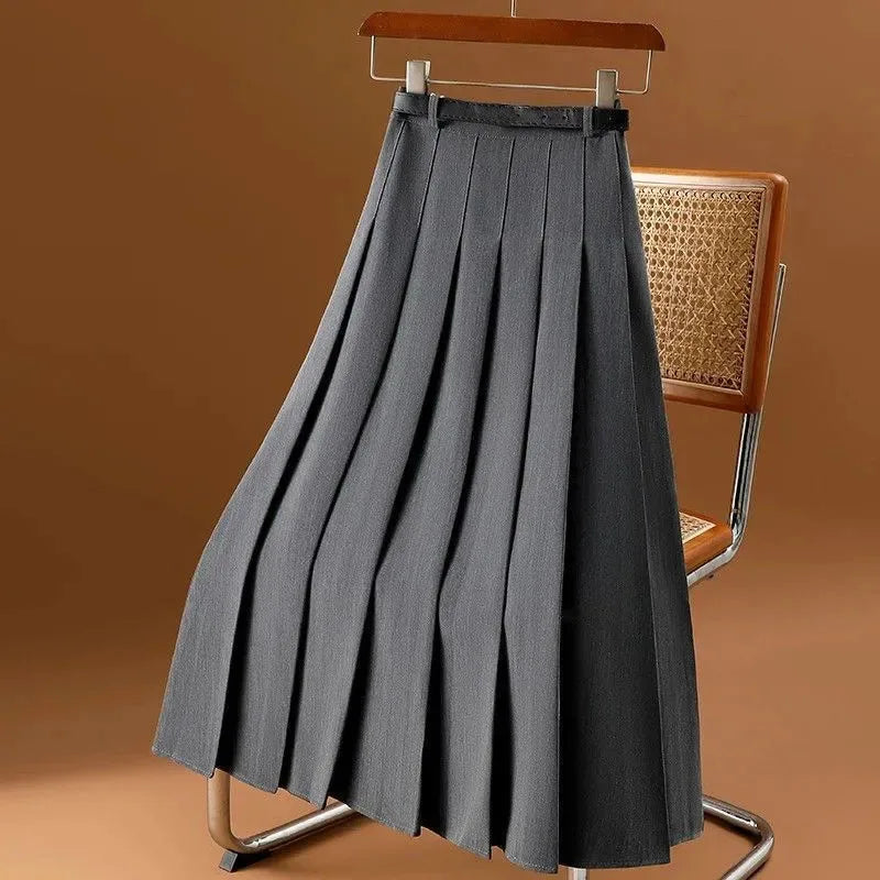 Pleated High Waist A-Line Folds  with Belt Midi Skirt