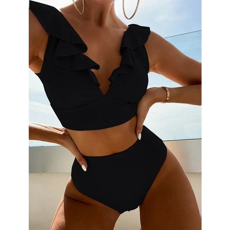 Solid Color  V-neck Ruffle Bikini  Women 2 Piece Swimwear Push Up Padded High Waist Swimsuit