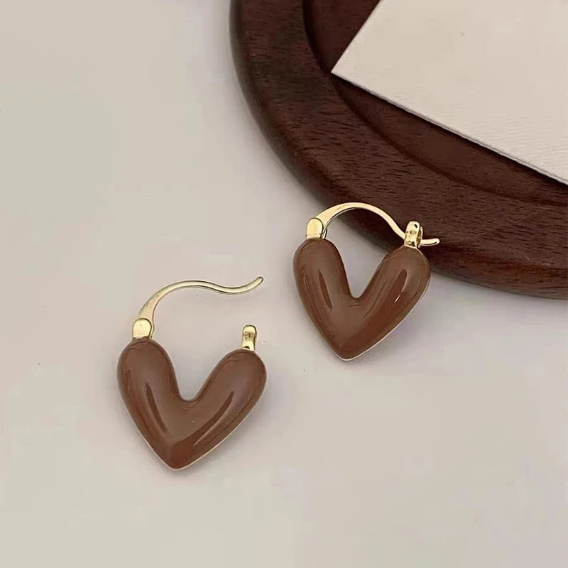 French Romantic Wine Red Enamel Heart Shaped Pendant Earrings
