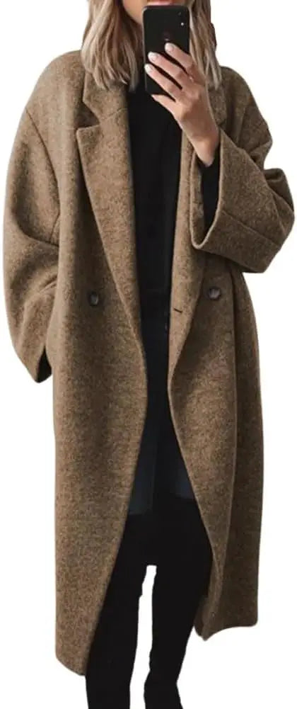 Double Breasted faux wool Coat Long Sleeve Notch Lapel Long Trench Coat