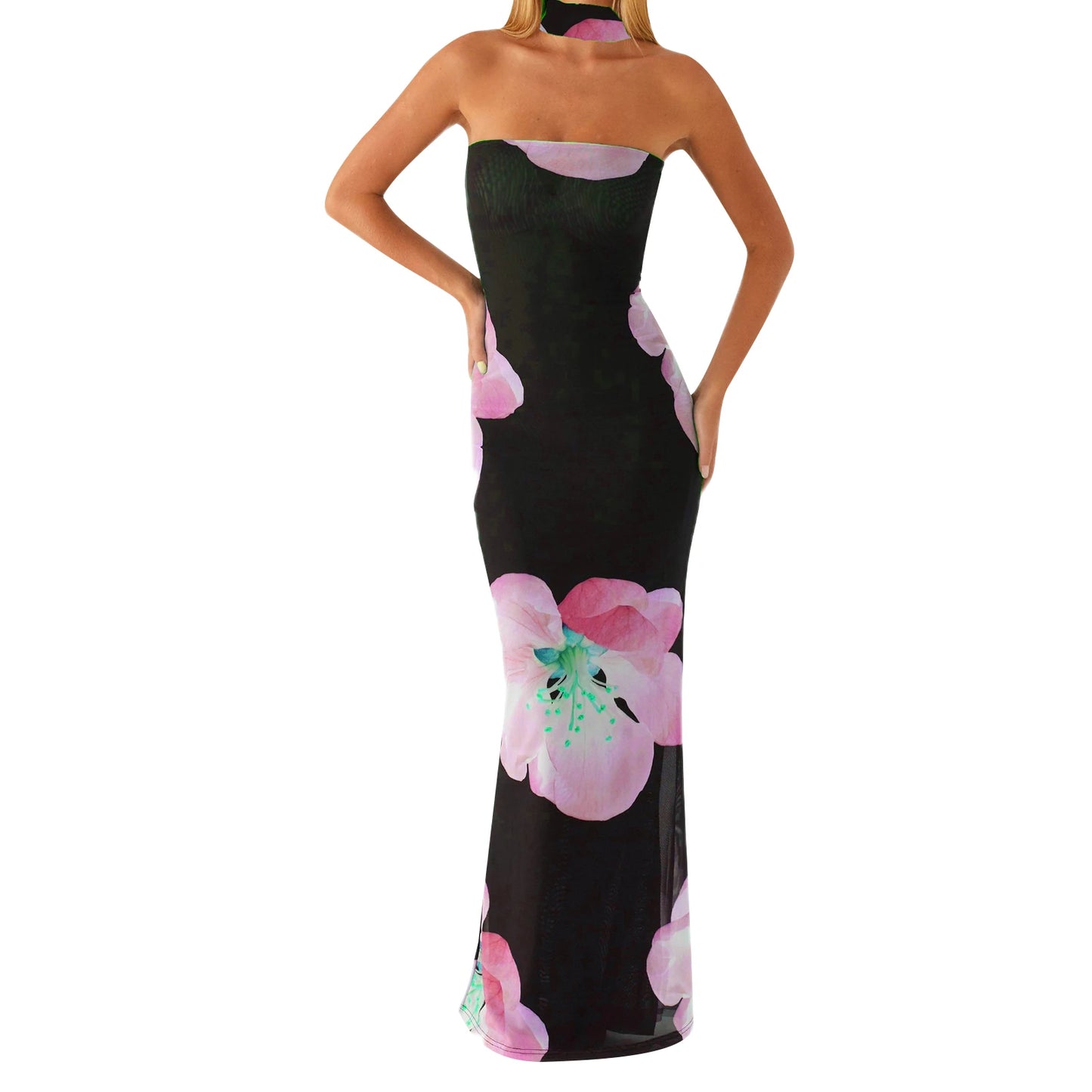 Elegant Lace Halter Neck Maxi Dress with Ruffle Hem and Matching Belt for Women Wedding Party Evening Gown