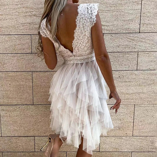 Backless Lace  Dress Women's Sexy Bow Lace-up Mesh Sleeveless Cocktail Dresses Summer  Prom Dresses