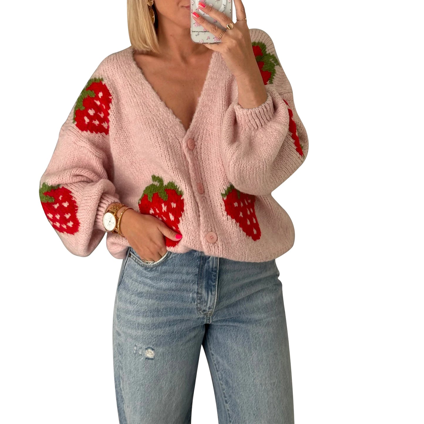 Women s Long Sleeve Knit Cardigan with Cherry Button Closure Cozy Fall Casual Jacket Sweater