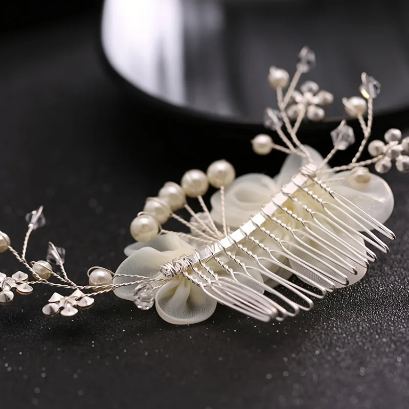 Hair Comb Flower Hair Ornaments Hair Comb Pearl Rhinestone Headpiece For Women Girls Headdress Floral Jewelry