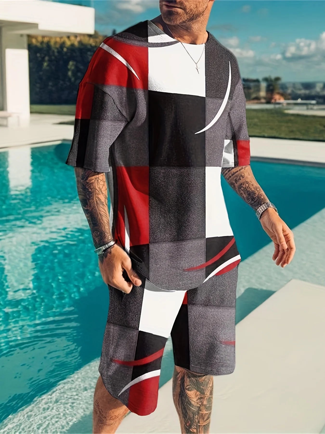 Two-piece sports suit, men's comfortable round neck printed T-shirt and vitality micro-elastic breathable trousers
