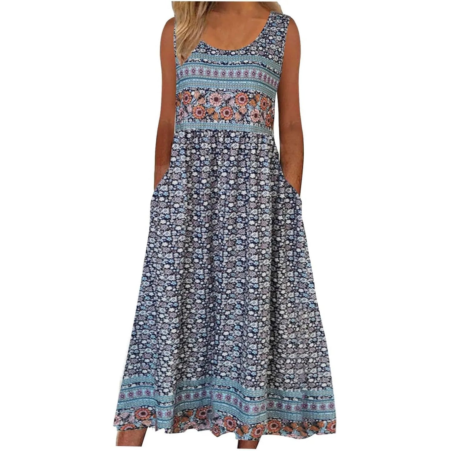Print sleeveless pullover dress women casual plus-size dress