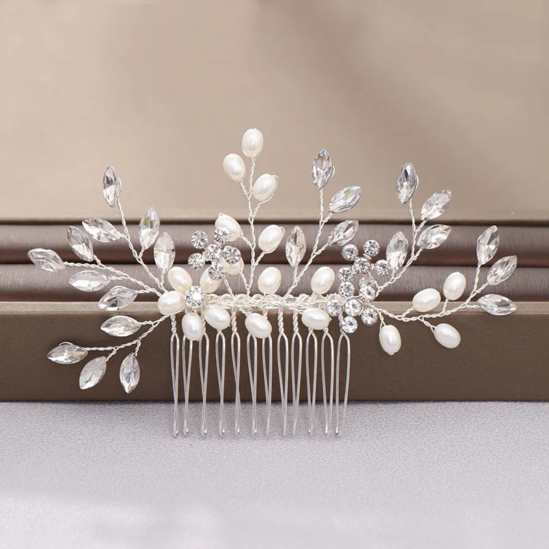 Crystal Pearl Hair Comb Clip Pin Alloy Leaf Hair Comb Handmade Headband For Women Bride Wedding Hair Accessories Jewelry