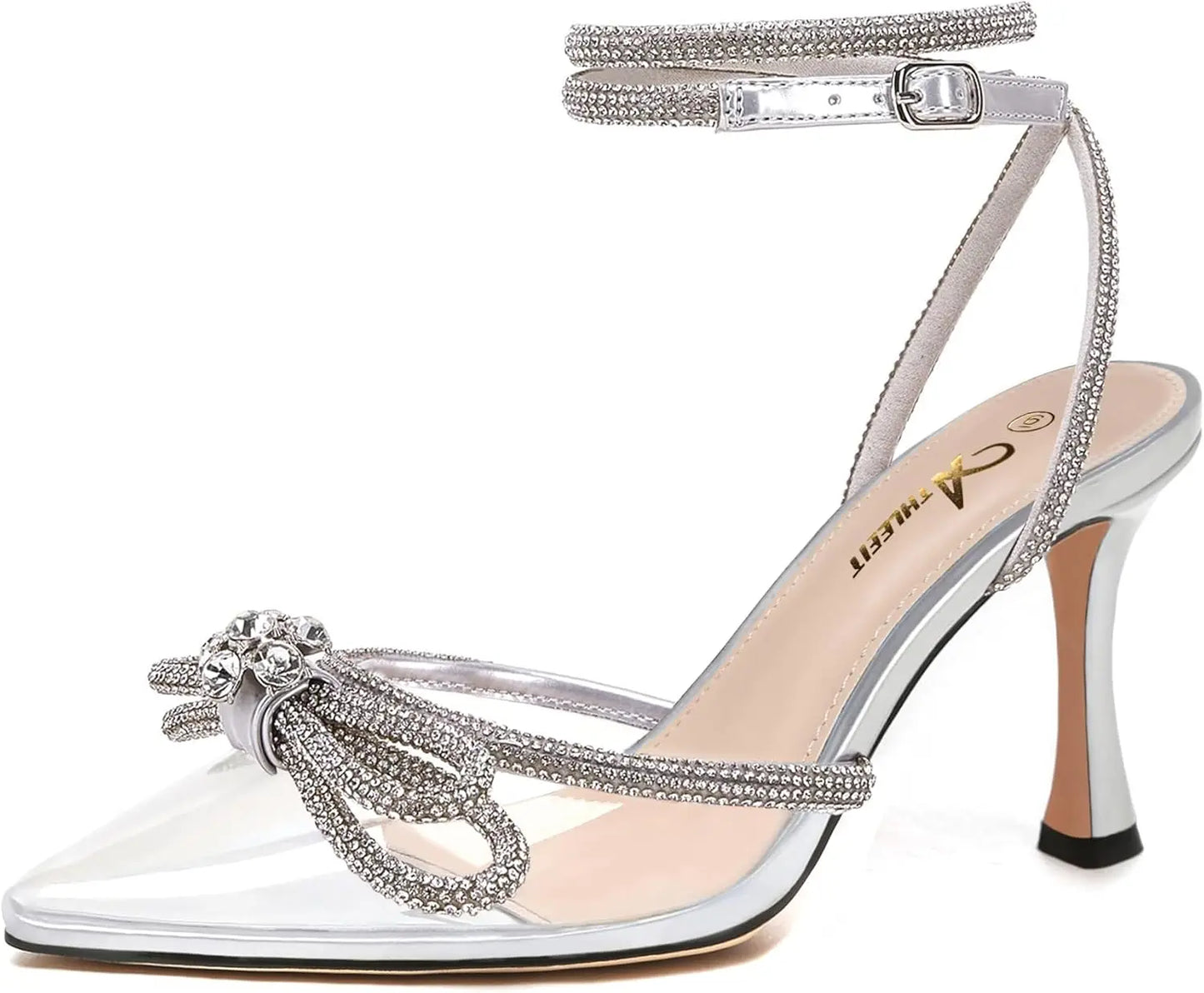 Rhinestone Bow Heels Ankle Strap Pointed Toe Stiletto Heeled Sandals