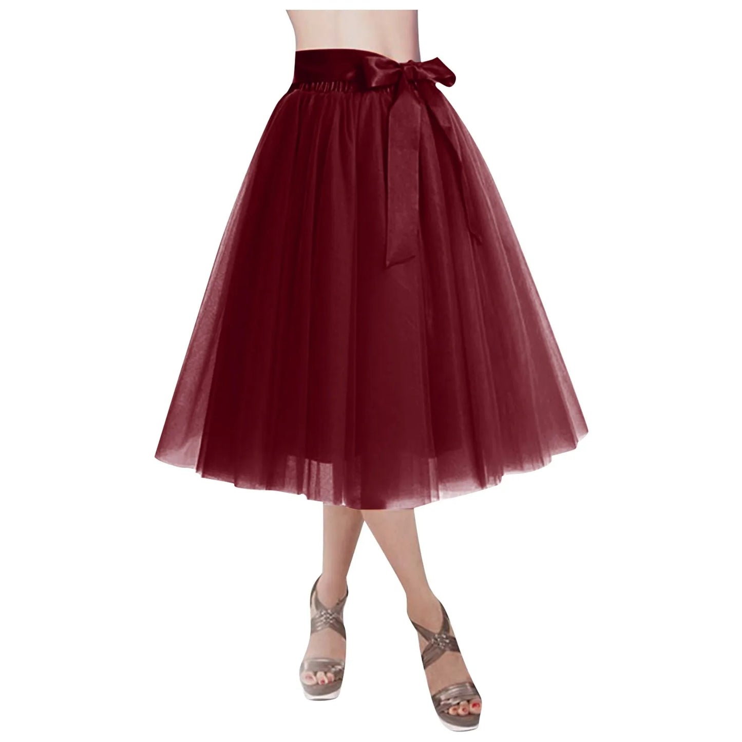Women's Knee Length Mesh  Skirt Solid Color Elegant Elastic High Waist A-Line Petticoat