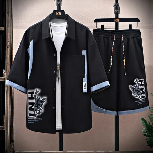Casual Sets Male Shorts and Shirts Men Shirts + Shorts Summer Elastic Waist Sportswear Men's Printing Pattern Men's Fashion