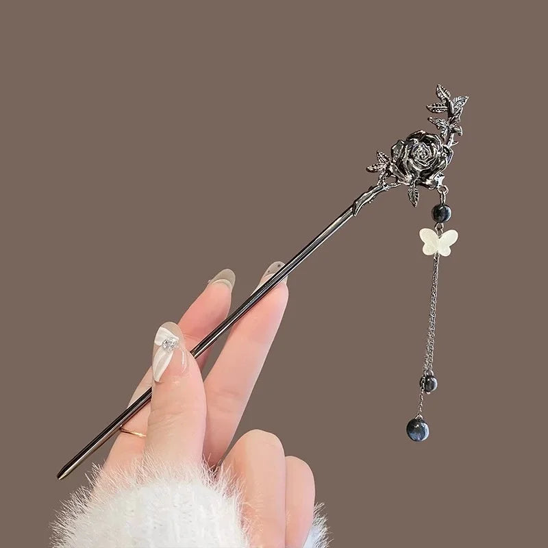 Modern Hair Stick Ink Flower Metal Tassel Hairpin Forks For Women  Beads Fringe Hair Clasp