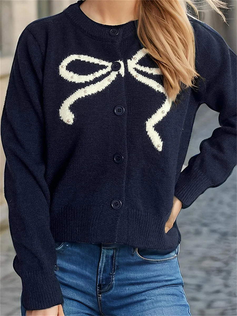 Elegant O-Neck Cardigans with Bow Embroidery and Puff Sleeves Stylish Lightweight Knitwear for Chic Street Style