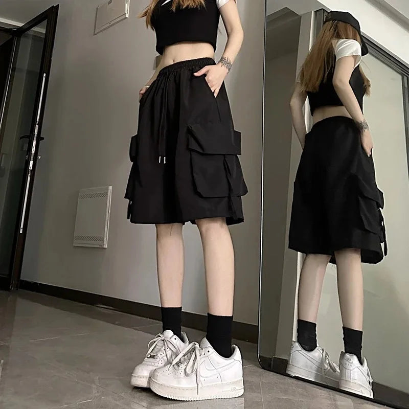 Women's High Waist Cargo Shorts American Style Streetwear Summer Wide Leg Pants Fashion Female Big Pocket Loose Shorts