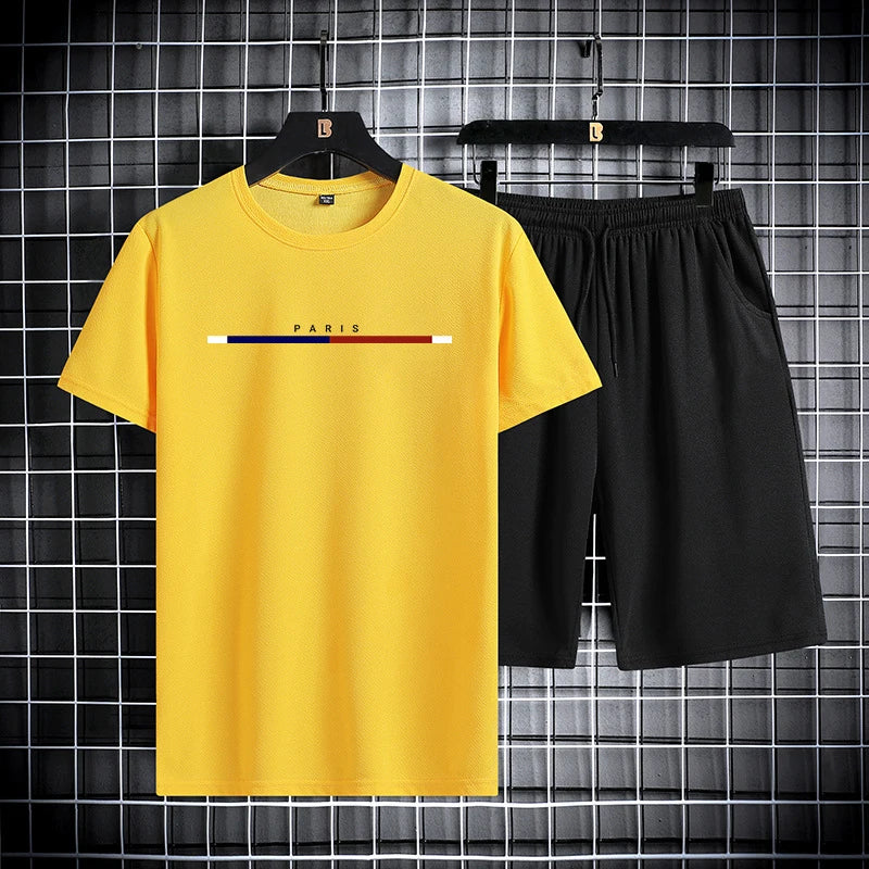 Summer men's short sleeved shorts set with round neck quick drying sports T-shirt thin breathable running sportswear