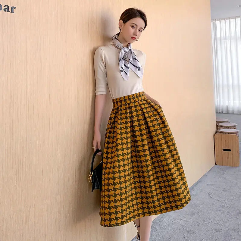 Plaid Woolen Skirts for Women Retro  A-line Contrast Color Long Skirt