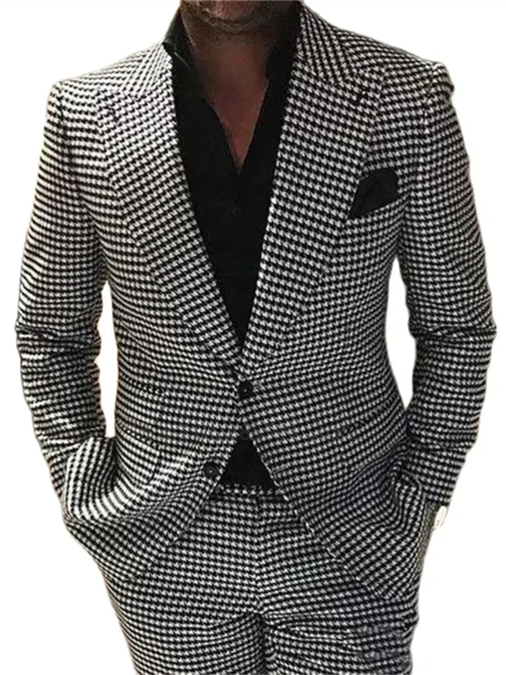2 Piece Men Suits Houndstooth Checked Groom Tuxedos Male Fashion Clothes Set Jacket with Pants