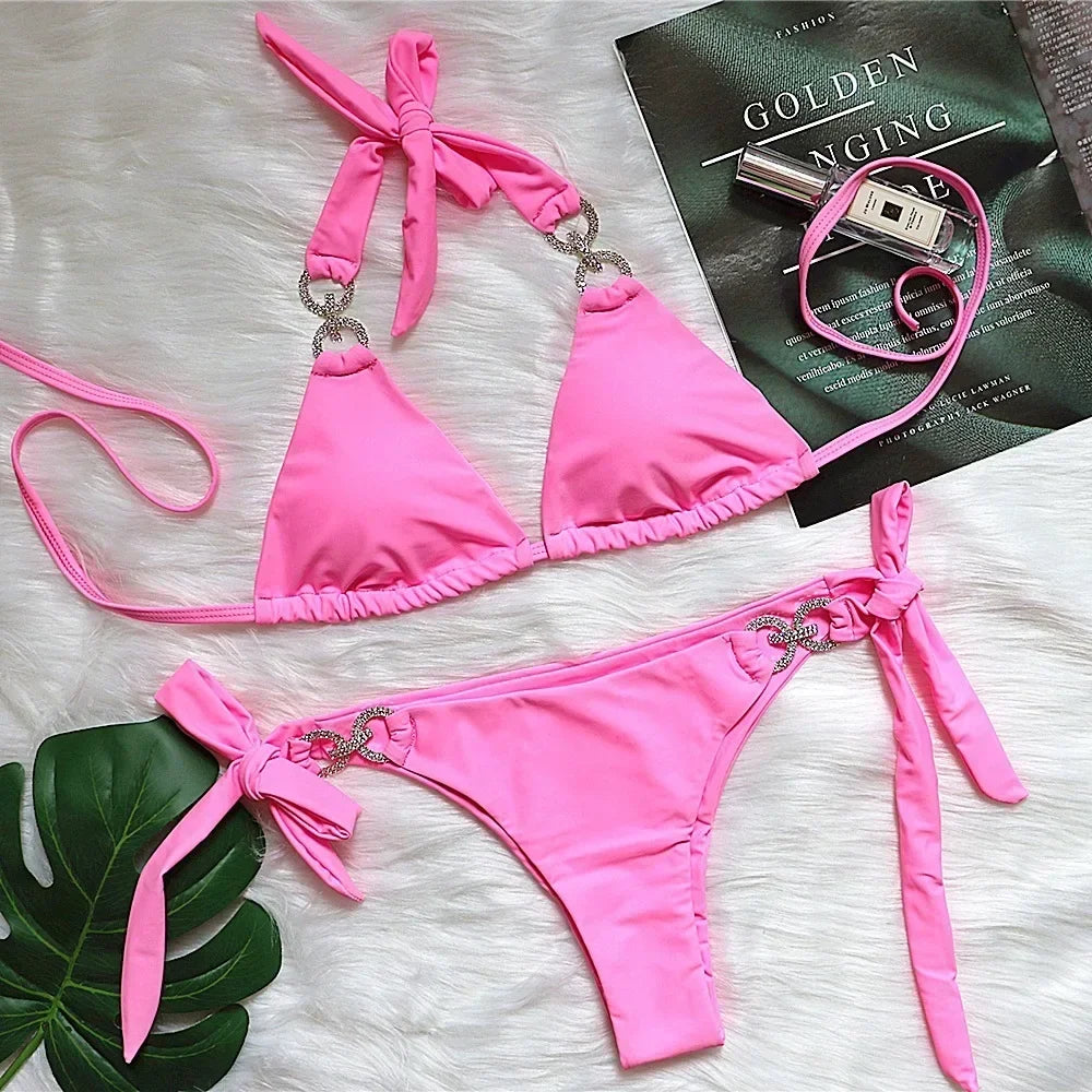Luxury Rhinestones Bikini Women Solid Color Bandage Cross Diamond Thong Beach Bathing Suit