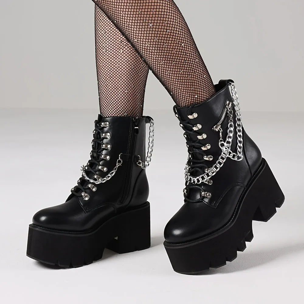 Gothic Ankle Boots Platform Chunky Heel Chain Punk Fight Biker Boots