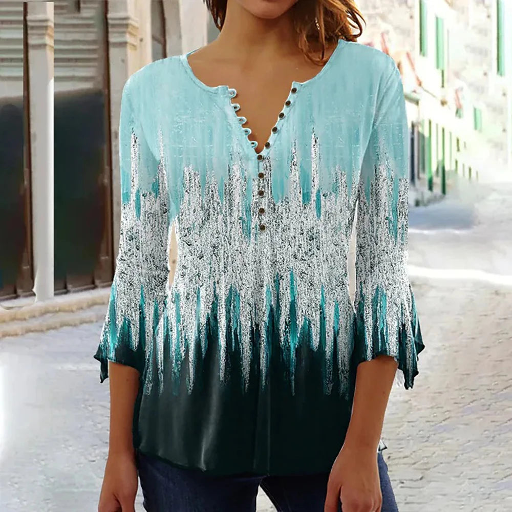 Women's V-Neck Short Sleeve Summer Button T-Shirt Street Trend Flower Geometric Print Women's Loose Casual V-Neck