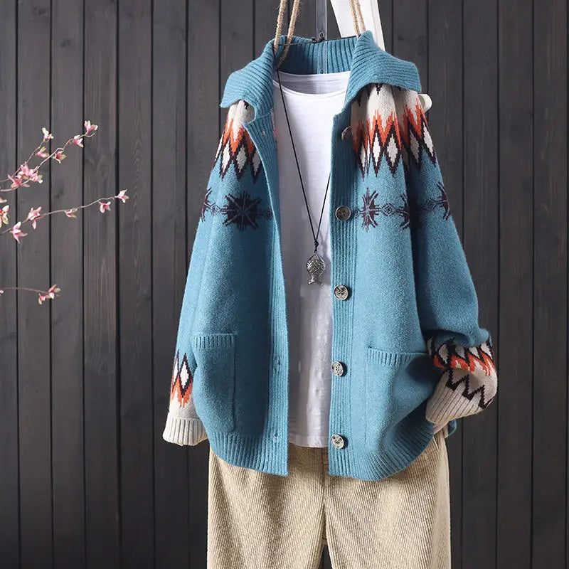 female autumn and winter knitted button jacquard pocket long sleeve knitted cardigan women commuter art sweater coat