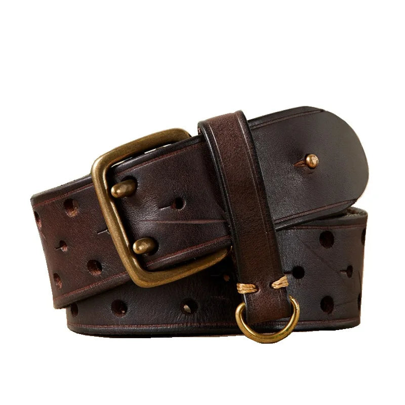 100% Pure Cowhide 3.8cm Wide Luxury Thick Genuine Leather Belt  Double Pin Buckle