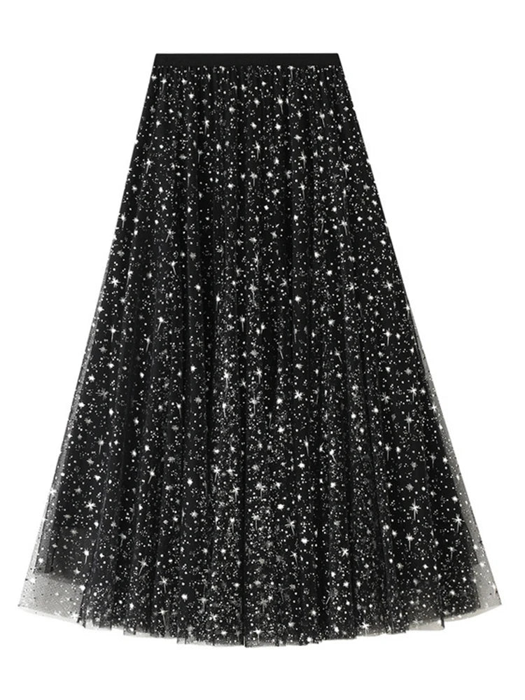 Sequin Star Gauze Skirt High Elastic Waist