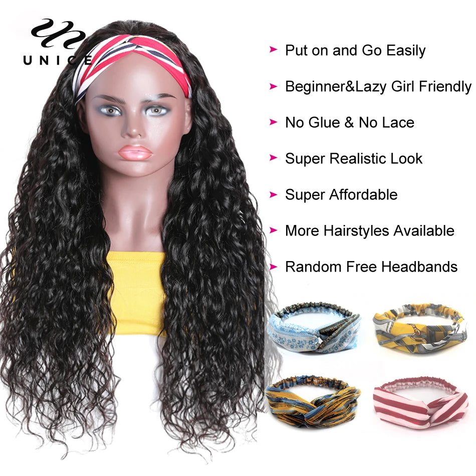 UNice Hair Water Wave Headband Wig 100% Human Hair Wigs Ready To Wear Beginner Friendly Glueless Wigs Send Free Headband Scarf