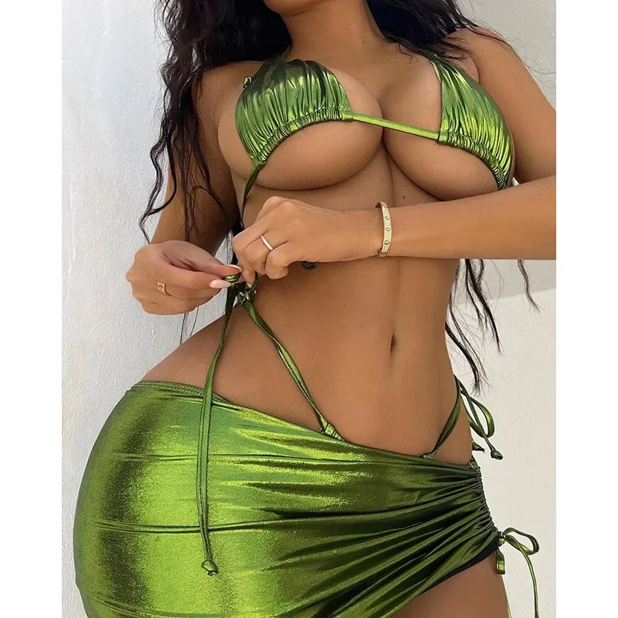 Bright 3-piece Swimsuit Women summer Bikini mini Triangle Cup Low Waist Lace-up Thong Beachwear with skirt cover