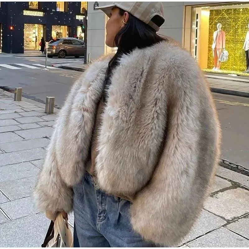 Cropped Faux Fur Coat Women Winter Fluffy Short Fur Jacket Streetwear Chic Jackets
