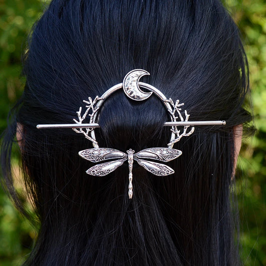 Woodland Goddess Crescent Moon Dragonfly Hair stick Fairy Moon Dragonfly Insect Hair Barrette Hairclip For women