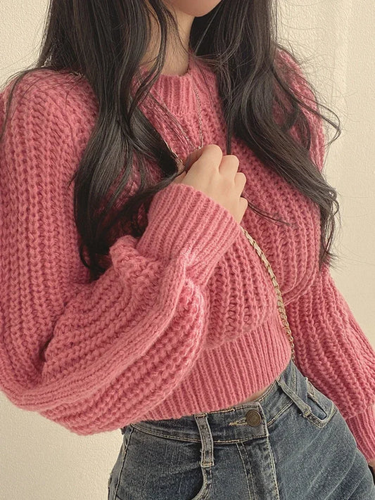 Loose Vintage  Lantern Long Sleeve Women Sweater  Autumn Winter Knitwear Soft Warm Tops Chic Solid Femme Sweater