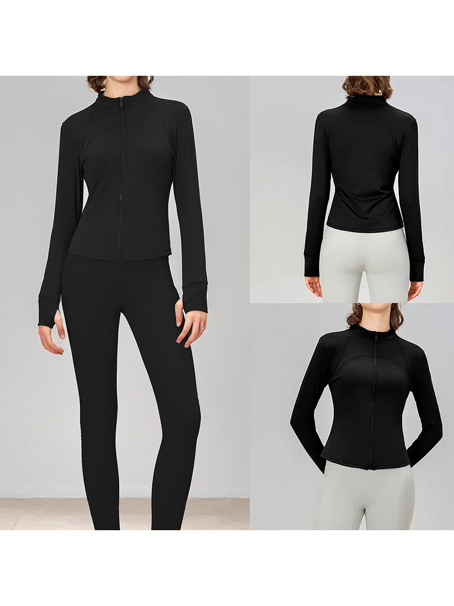 Full Zip Yoga Jacket with Solid Color Long Sleeves Stand Collar  Fit and Thumb Holes for Active Wear
