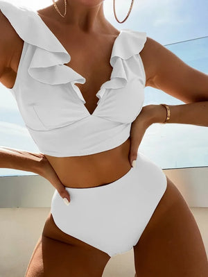Solid Color  V-neck Ruffle Bikini  Women 2 Piece Swimwear Push Up Padded High Waist Swimsuit