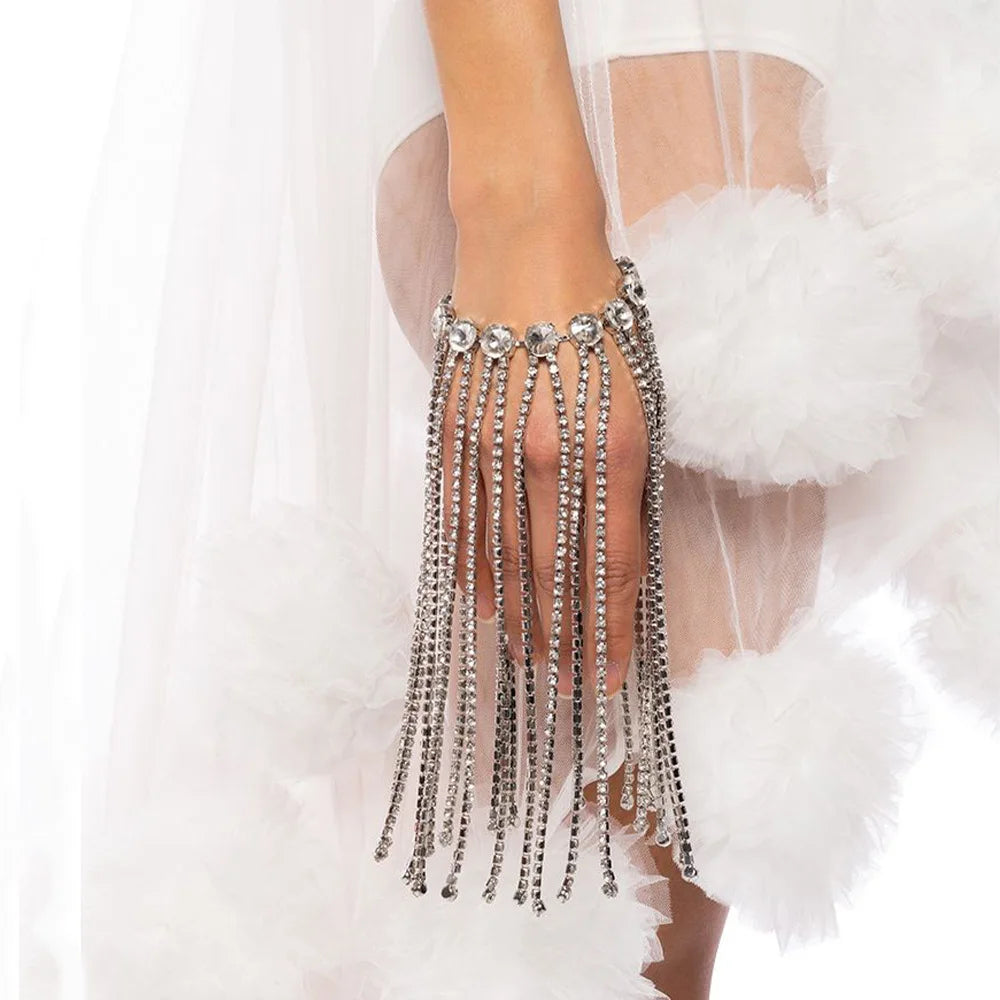 Fashion Tassel Bracelet Chain Long  Wrist Decoration Exquisite Geometric Rhinestone Open Bangle
