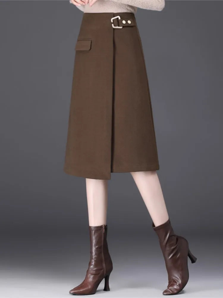 High Waist Wool A-Line  Asymmetrical Skirt