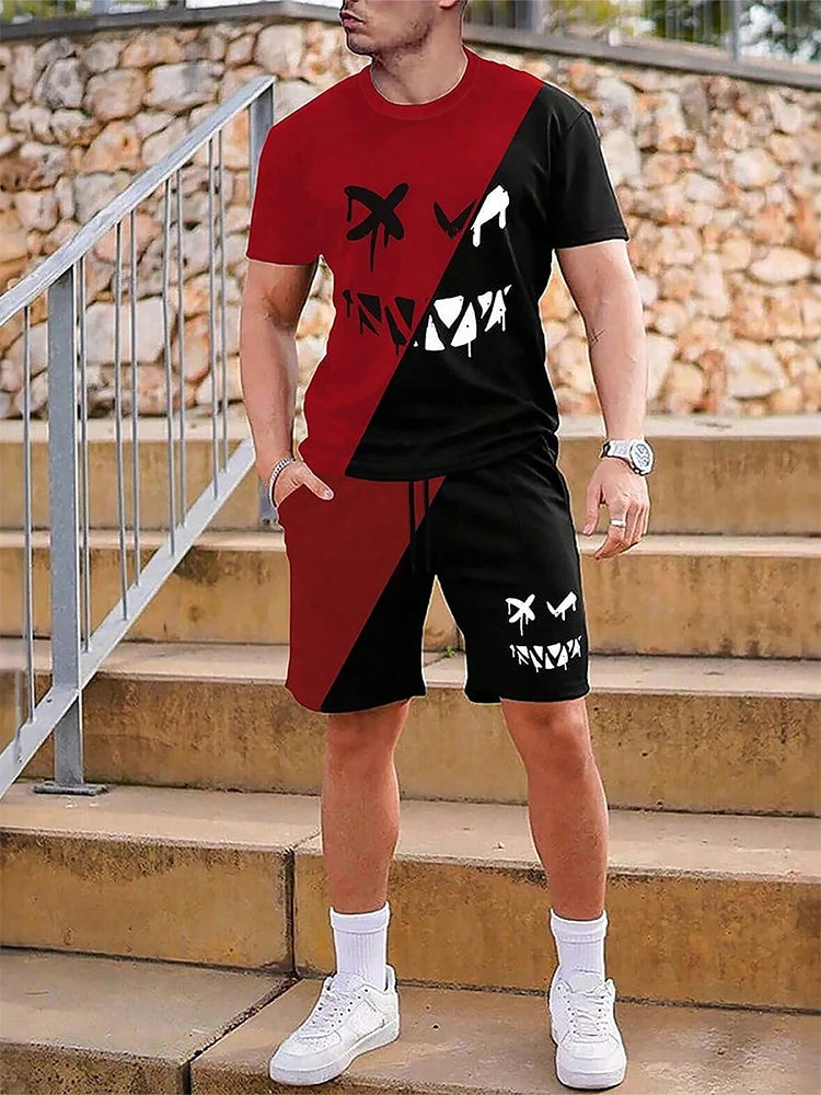 Urban street fashion trend men's crew neck short sleeve suit outdoor simple crew neck top casual and comfortable shorts