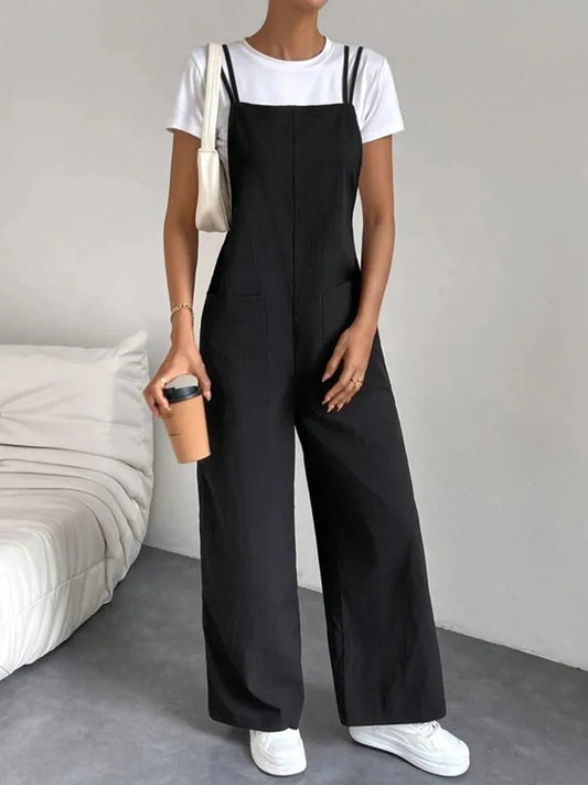 Fashion Casual Women's Solid Black Color Pants Pocket Double Shoulder Thin Straps Straight Overalls Wide-leg Long Pants