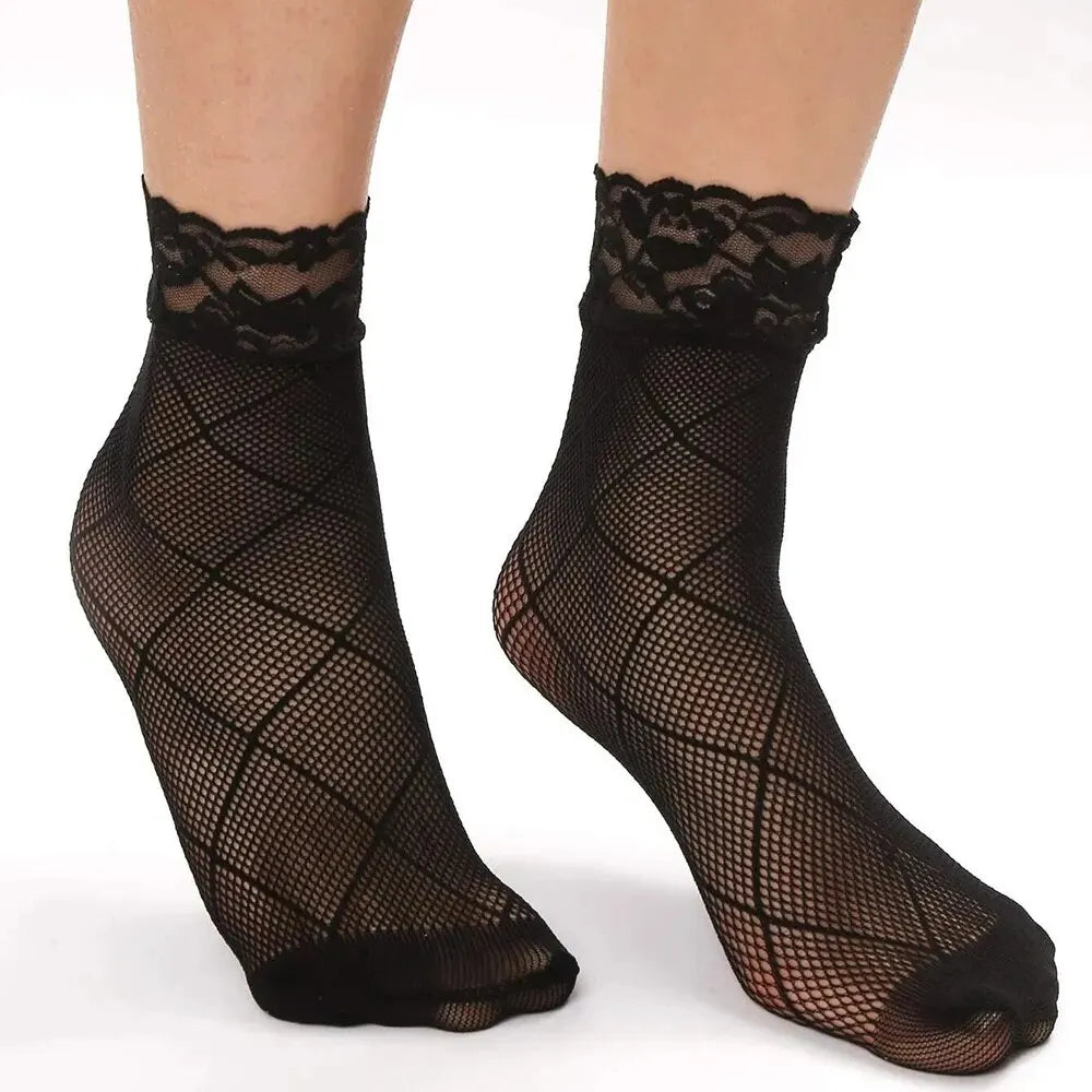 5/10/20 Pairs Vintage Lace Women's Socks Summer Mesh Elastic Transparent Ankle Socks  Women Versatile Fish Net Black Sock