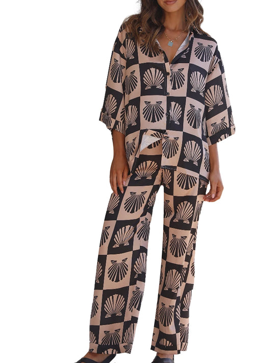 Women’s 2 Piece Pajamas Set Cute Seashell Print 3 /4 Sleeve Button Up Shirt Pants Set Loungewear