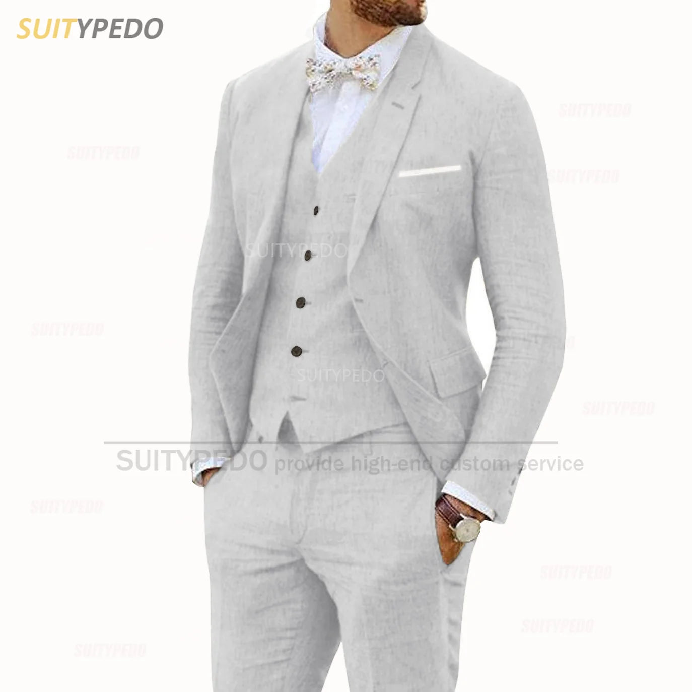 Linen Suits for Men 3 Pieces Casual Slim Fit Suit Blazer Vest Pants Set Formal Prom Wedding Tuxedos for Groomsmen Best Man