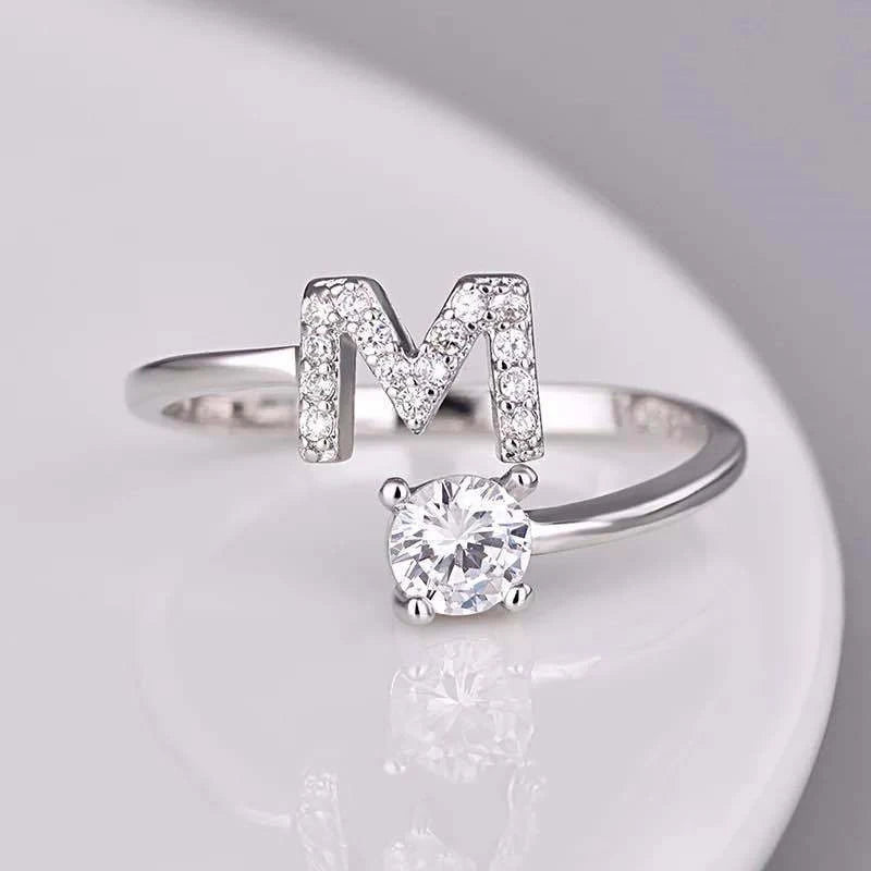 Shining Rhinestone 26 Letters Adjustable Rings  Initial A-Z Alphabet Opening Ring