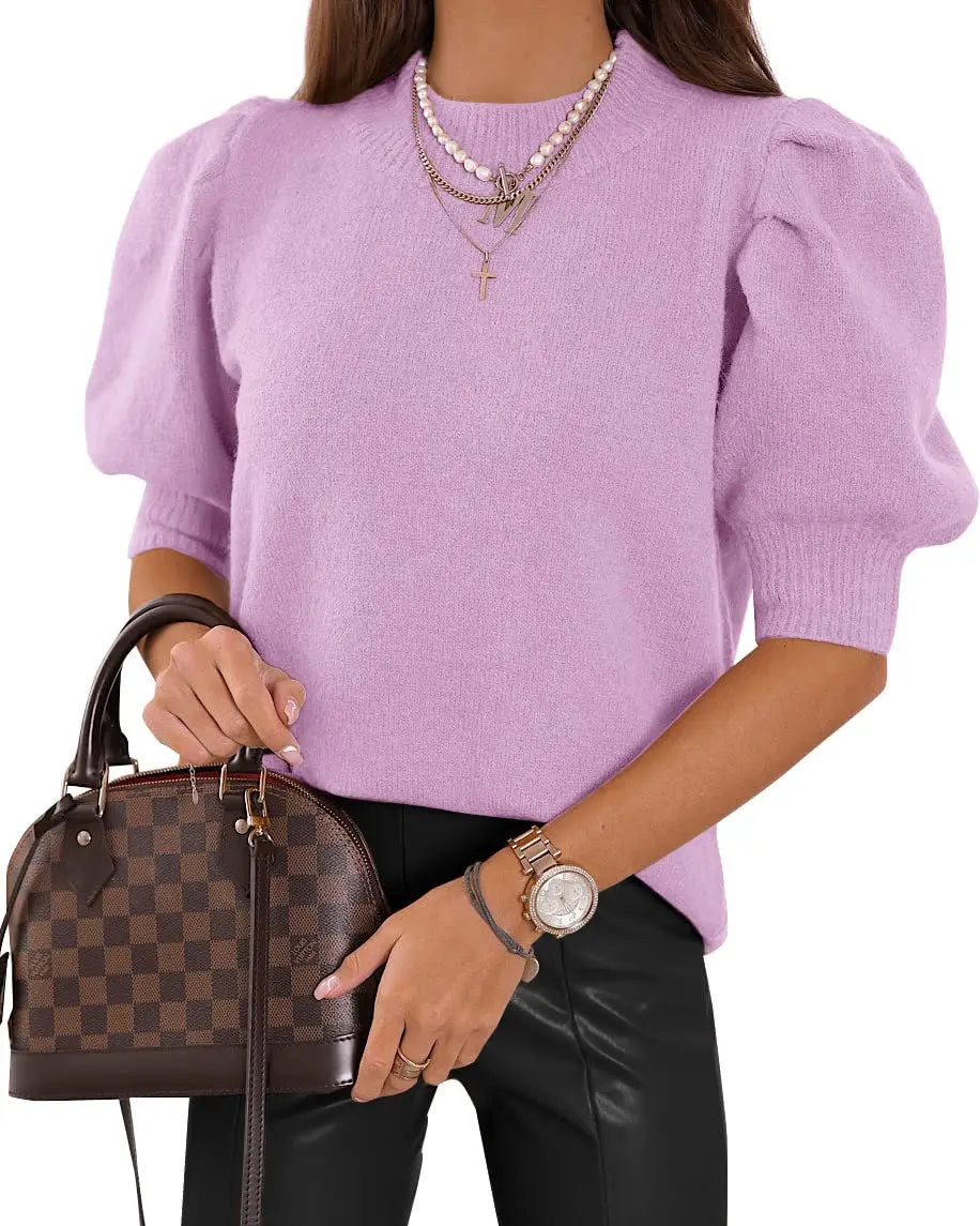Women's Puff Short Sleeve Sweater Knitted Pullover Trendy Solid Crew Neck Casual Crop Tops Sweater