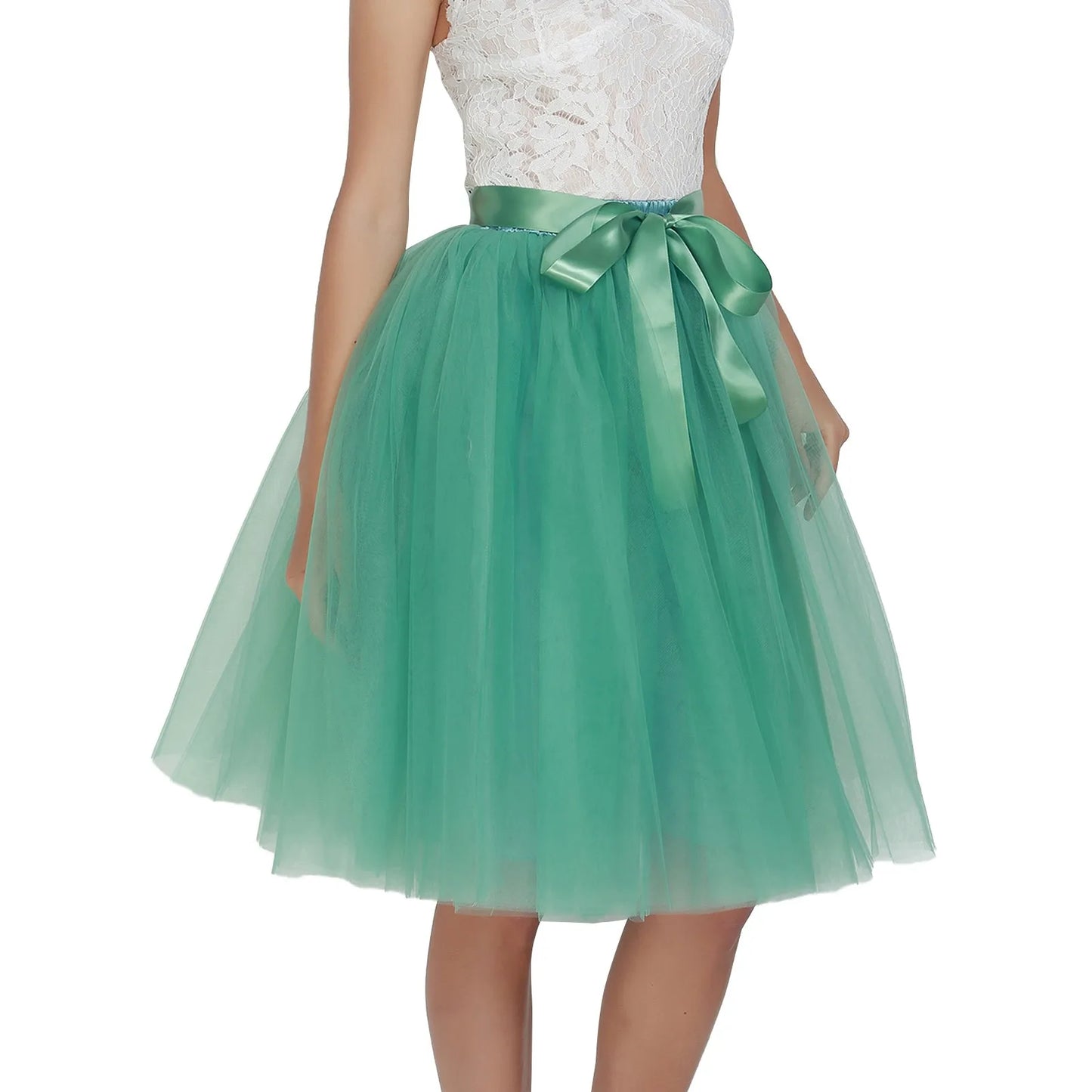Knee Length Women A-Line Tulle Skirts Lace Up Multi Layered Tulle Petticoat Midi Skirt