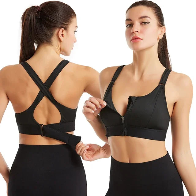 Sports Bra  Crop Top Adjustable Belt Zipper Yoga Running Bras Push Up Vest Shockproof